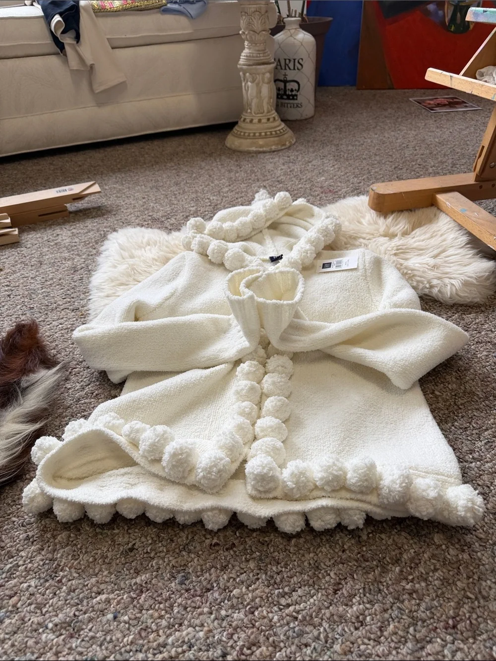 GAP Girl’s XXL Cream Bouclé Hooded Jacket with Pom Trim